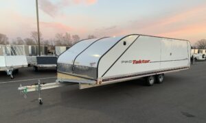 front 3/4 view of white protektor 4 place snowmobile trailer